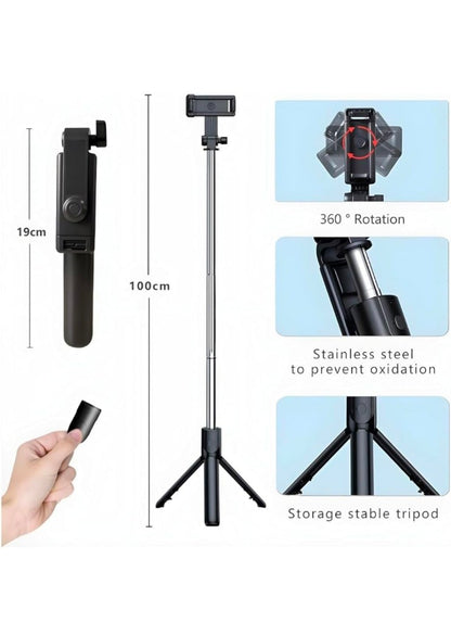 R1 Selfie Stick with Tripod Stand, 360° Rotation, Mobile Phone Holder, Black