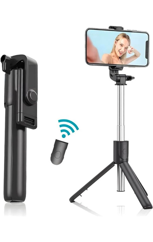 R1 Selfie Stick with Tripod Stand, 360° Rotation, Mobile Phone Holder, Black