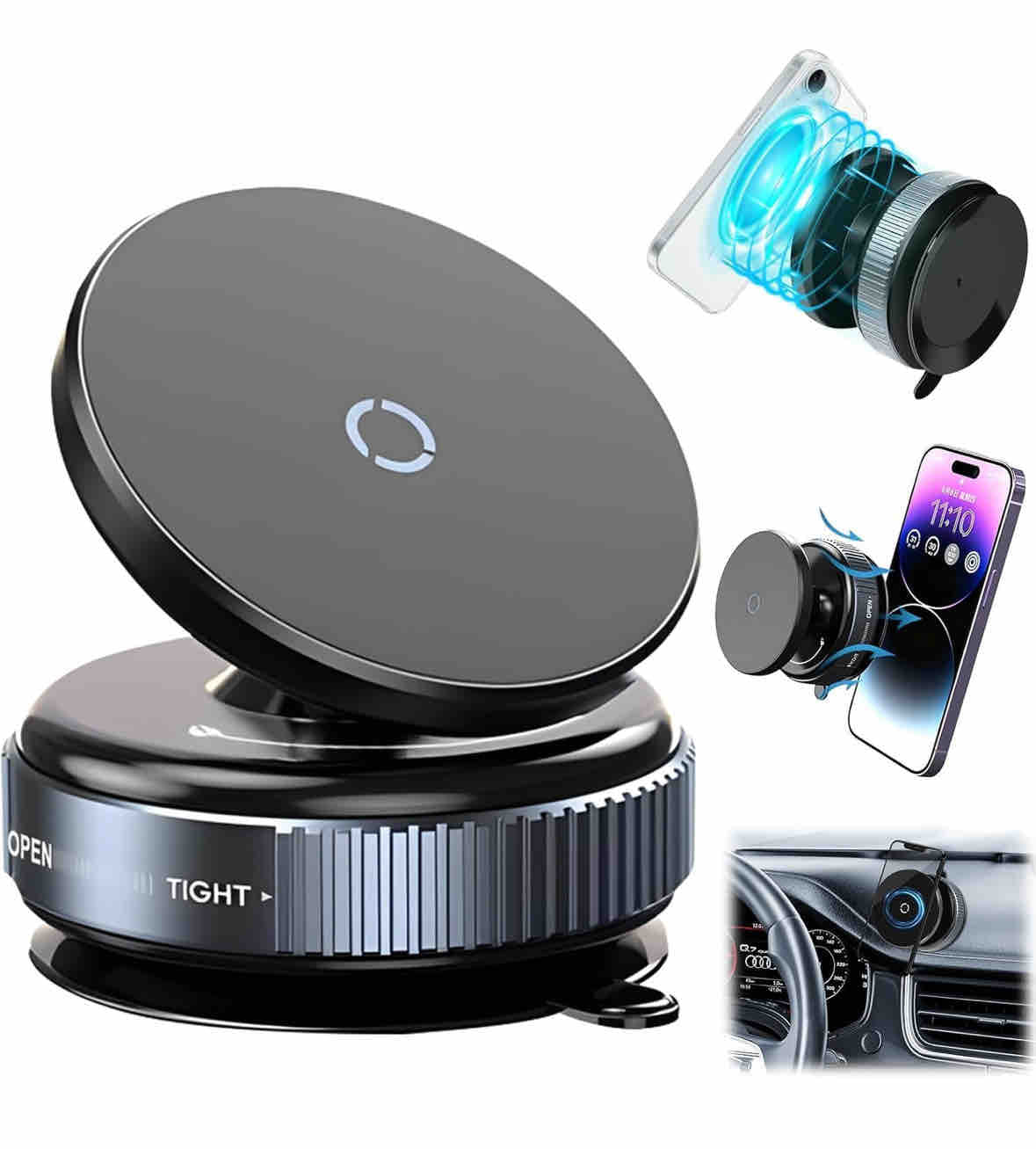New Upgraded 360° Rotating Magnetic Universal Phone Holder, Vacuum + Magnetic Anti-Vibration Car Mount, Suitable for Kitchen, Desktop, Office, Fitness, Travel, Car - Aluminum Alloy + PC + ABS + TPU, Suitable For Mirror Plastic Glass Metal Ceramic