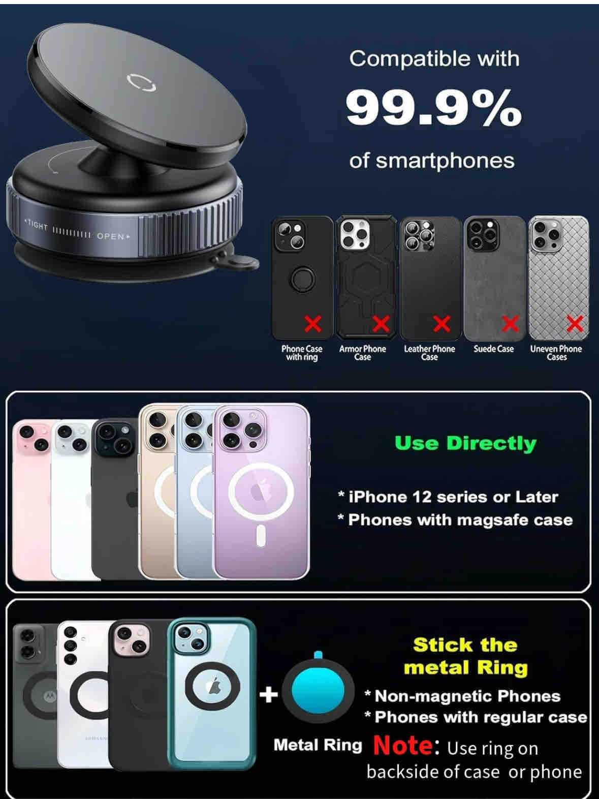 New Upgraded 360° Rotating Magnetic Universal Phone Holder, Vacuum + Magnetic Anti-Vibration Car Mount, Suitable for Kitchen, Desktop, Office, Fitness, Travel, Car - Aluminum Alloy + PC + ABS + TPU, Suitable For Mirror Plastic Glass Metal Ceramic