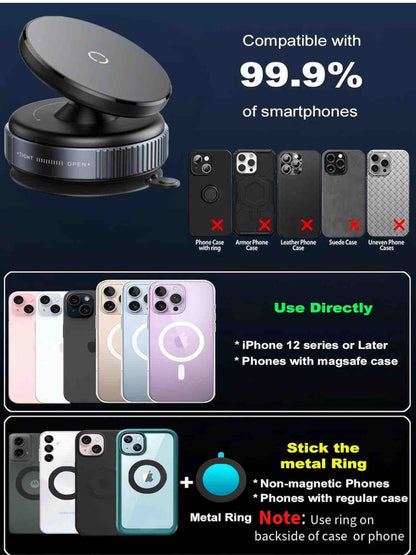 New Upgraded 360° Rotating Magnetic Universal Phone Holder, Vacuum + Magnetic Anti-Vibration Car Mount, Suitable for Kitchen, Desktop, Office, Fitness, Travel, Car - Aluminum Alloy + PC + ABS + TPU, Suitable For Mirror Plastic Glass Metal Ceramic