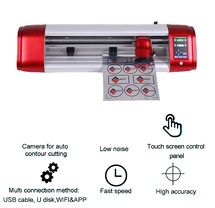 Vinyl cutter with printed labels on a white background, featuring icons and text about its features.