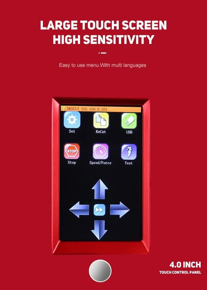 4.0 inch touch control panel with large touch screen and high sensitivity on a red background.