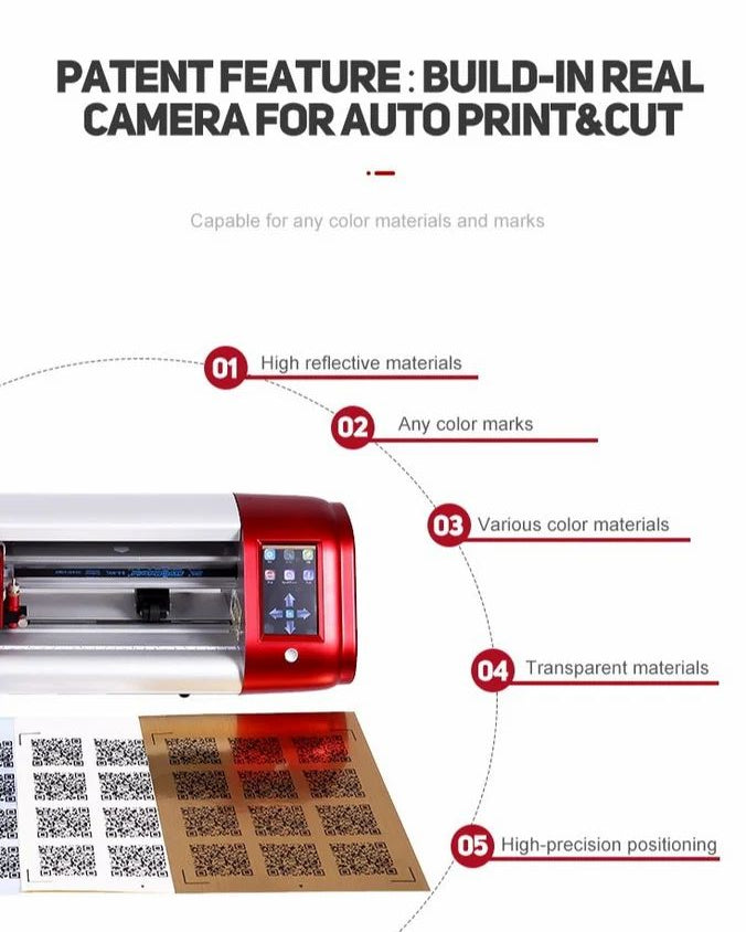 Red printer with text about patent feature, build-in real camera for auto print & cut, and compatibility with various materials.