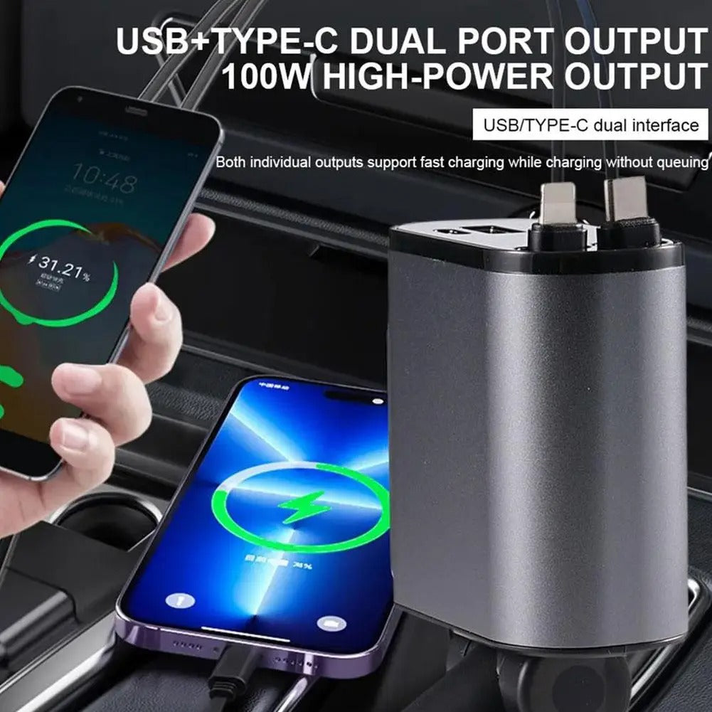 4 in 1 120W Car Charger Retractable Car Cigarette Lighter Adapter USB Type C Fast Charger Cable For IPhone Xiaomi Huawei Samsung