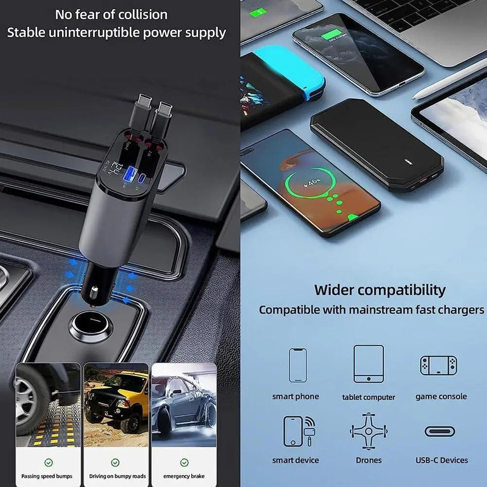 4 in 1 120W Car Charger Retractable Car Cigarette Lighter Adapter USB Type C Fast Charger Cable For IPhone Xiaomi Huawei Samsung