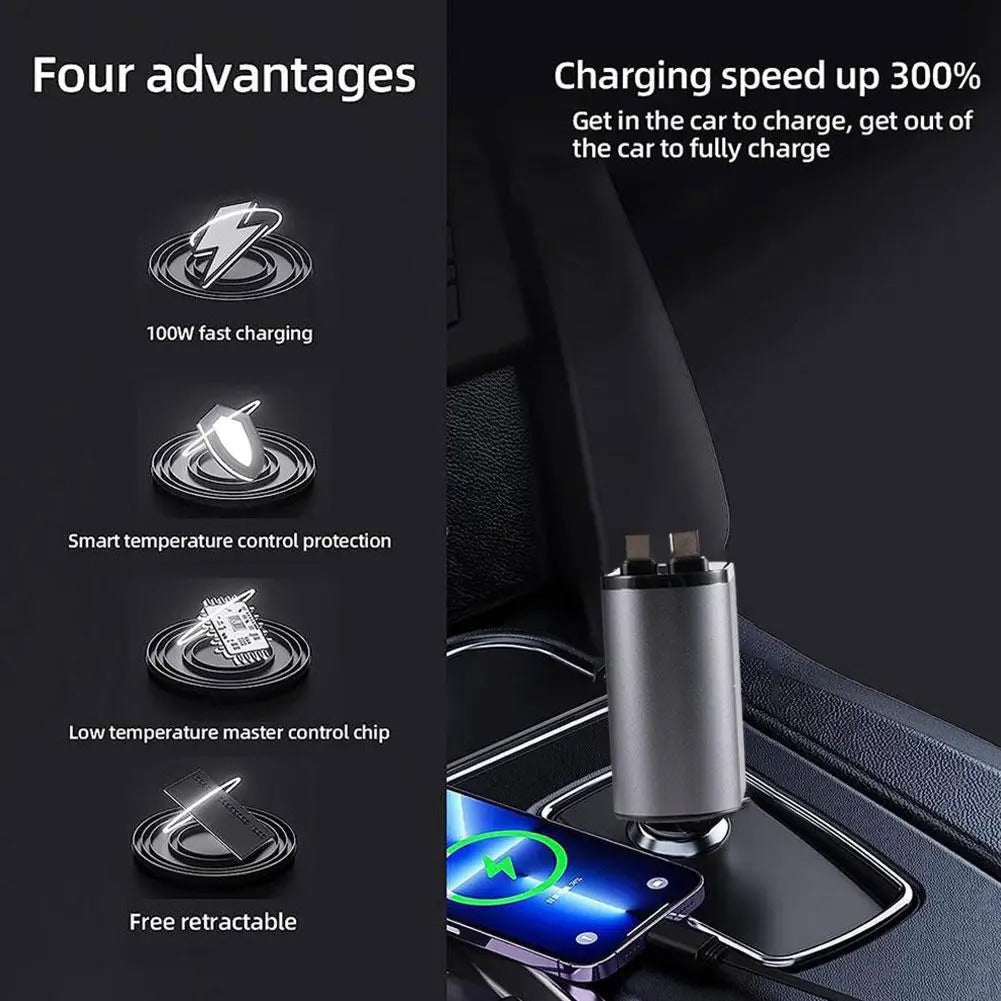4 in 1 120W Car Charger Retractable Car Cigarette Lighter Adapter USB Type C Fast Charger Cable For IPhone Xiaomi Huawei Samsung