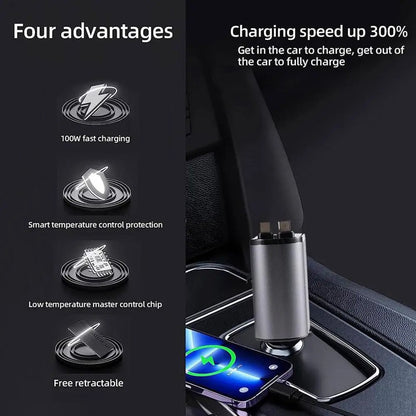 4 in 1 120W Car Charger Retractable Car Cigarette Lighter Adapter USB Type C Fast Charger Cable For IPhone Xiaomi Huawei Samsung