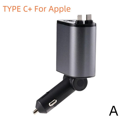 4 in 1 120W Car Charger Retractable Car Cigarette Lighter Adapter USB Type C Fast Charger Cable For IPhone Xiaomi Huawei Samsung